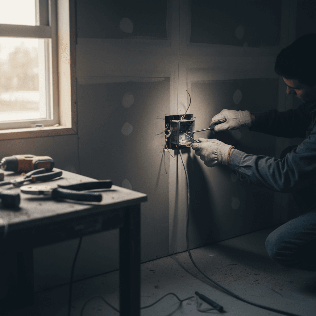 Electrician installing outlet box during wiring installation
