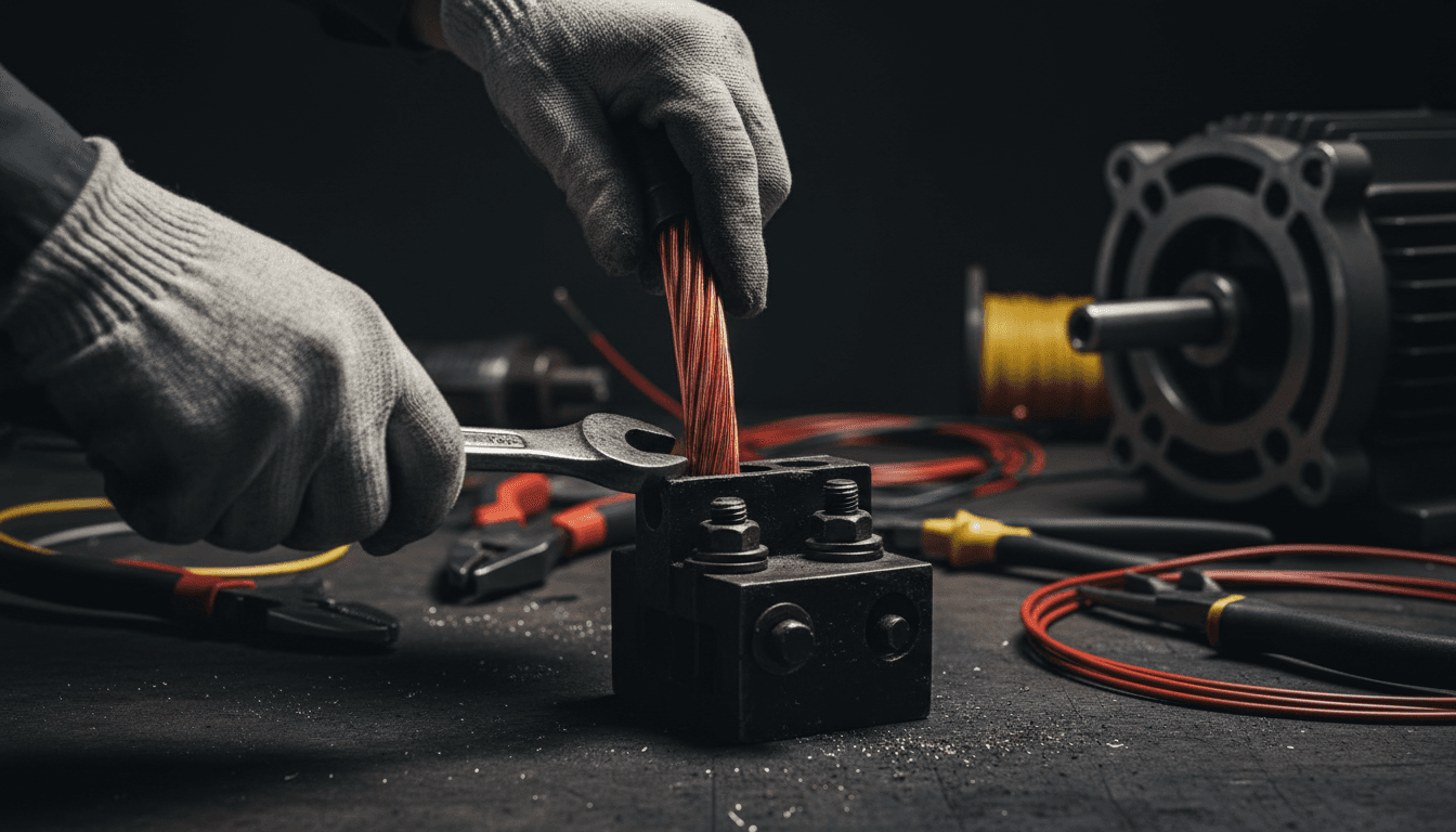 Electrician carefully connecting copper wire to terminal block with precision tools