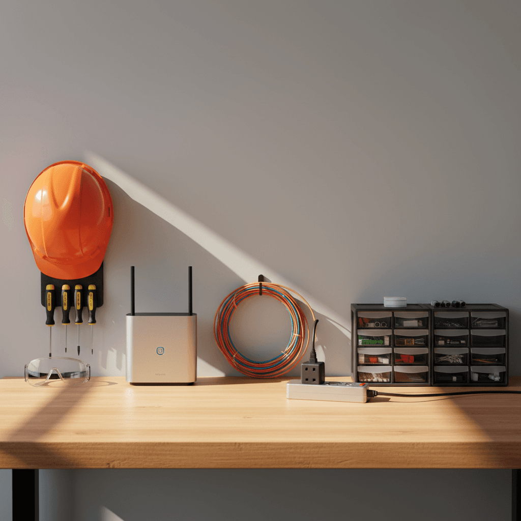 Organized electrical products and supplies on workshop table