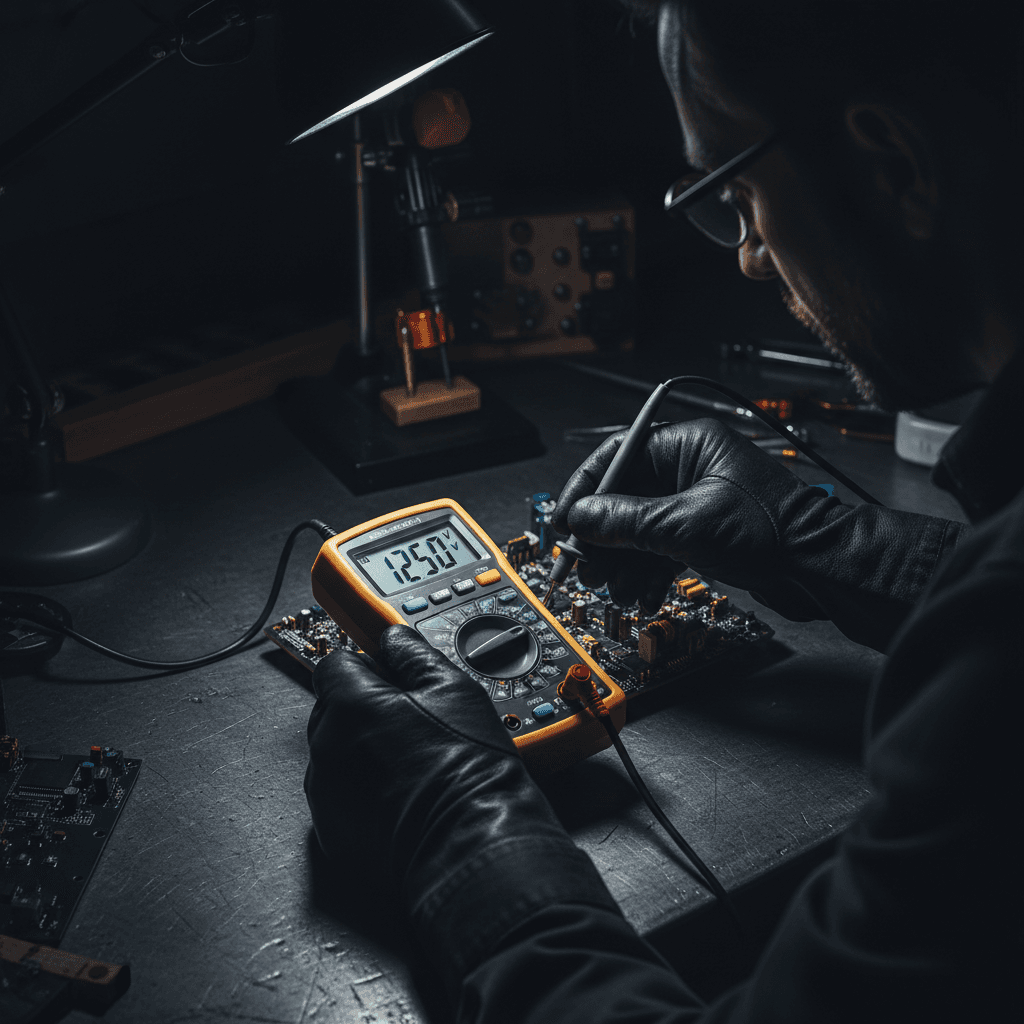 Electrician testing electrical component for quality assurance