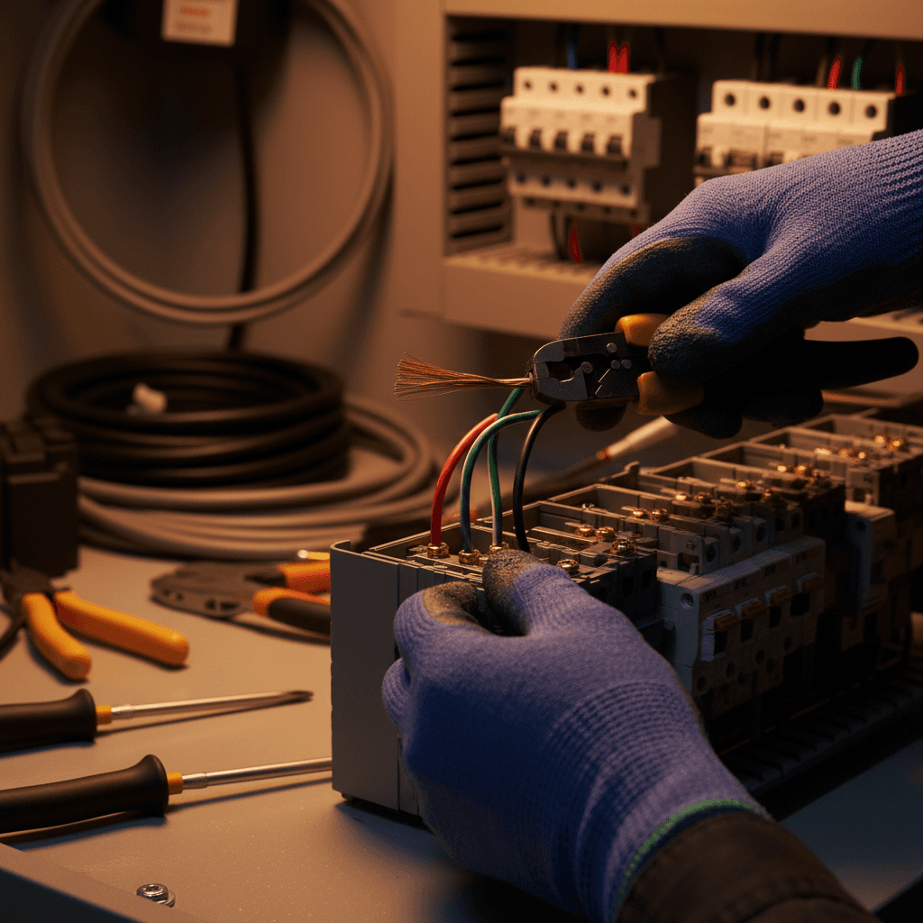Electrician working with wire and tools at workbench