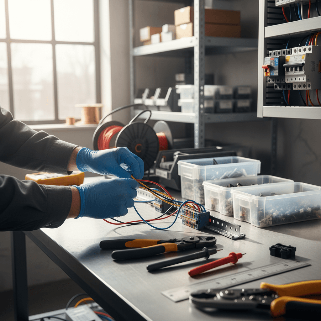 Skilled electrician assembling quality wiring connections with precision tools