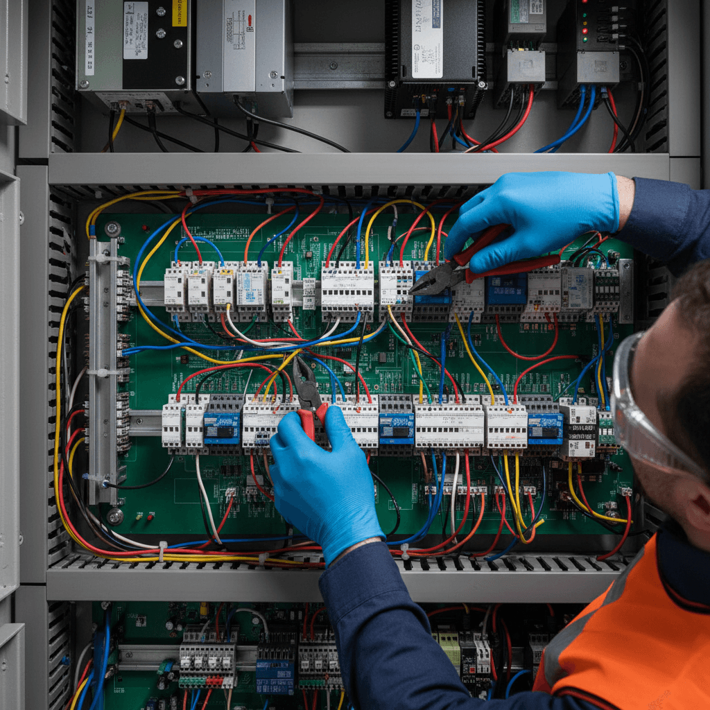 Electrician hands assembling electrical components with precision