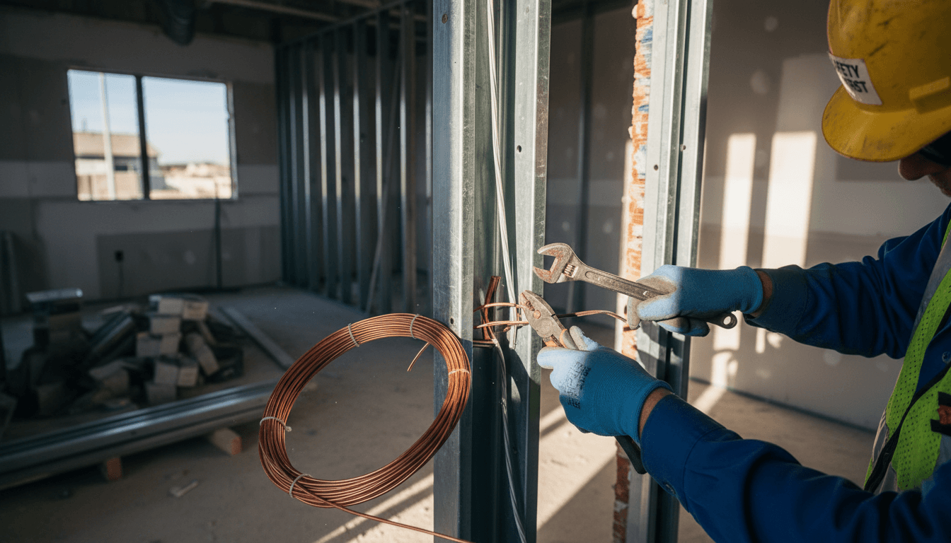 Electrician carefully installing and testing electrical components with precision on a job site